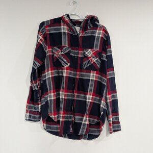 Garage Plaid Hooded Flannel Button Up Top Navy Blue Red White Size Small